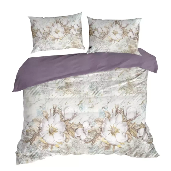 Пролет 26 Цветя спално бельо сатен евро пердета кремаво/лилаво