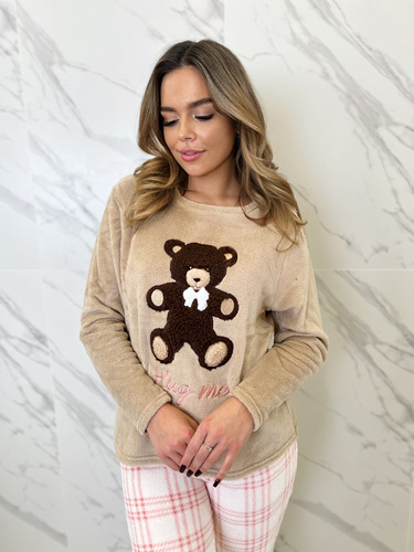 Дамска пижама Madlen Sorbetto, кафяво - полар, с бродерия плюшено мече и панталон на каре