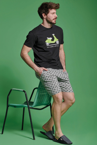 Kenny Мъжка къса пижама Sorbetto - памучна с щампа на тротинетка, черна