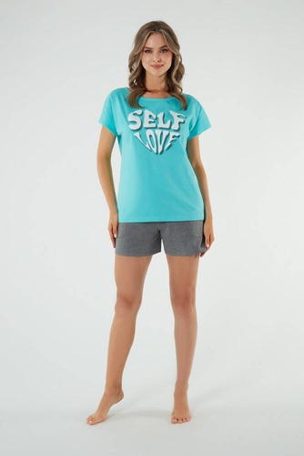 Selfie Дамска пижама с къс ръкав, къси панталони Италианска мода - тюркоаз/меланж
