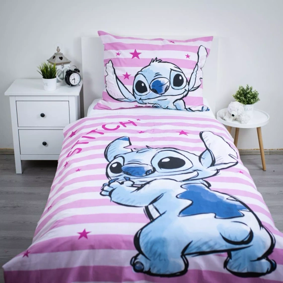 Спален комплект Lilo i Stitch JF24 140x200 розов със звезди 100% памук