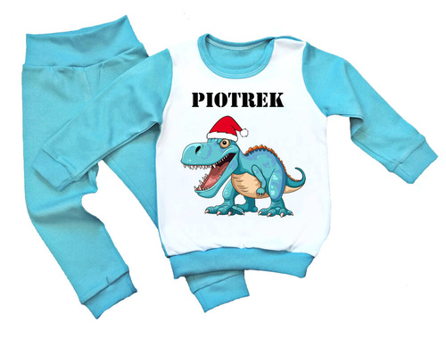 SKU P16 Piżamka świąteczna dla dzieci z dinozaurem oraz imieniem Moocha niebieski