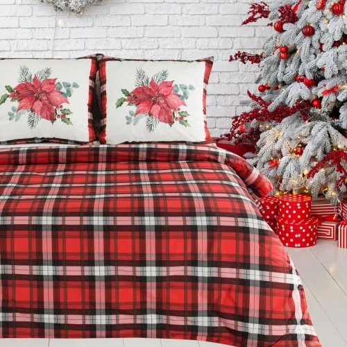 Коледно спално бельо Bliss, карирана Витлеемска звезда, европердета, червено