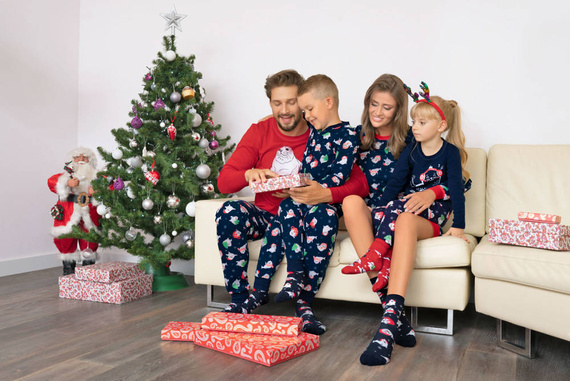 Мъжка пижама с дълъг ръкав и дълъг панталон Италианска мода - червено/принт морско синьо 