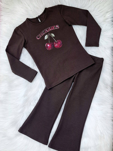 Блуза за момичета Cherries Bambarillo, цвят тъмен шоколад - памук, дълъг ръкав, с щампа
