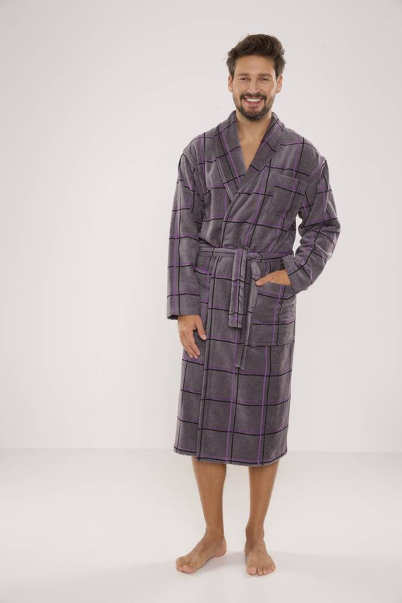 803 / 819 Мъжки халат от хавлиена материя Twin Forex - сив с лилаво каре (сиво каре)