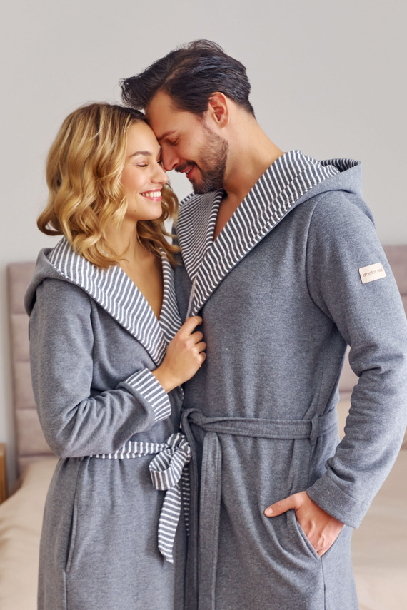 7229 Дамски халат Doctor Nap - памук, качулка, елегантни покрития - тъмно сив