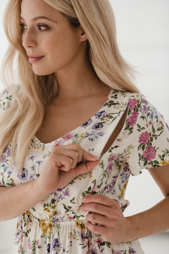 Lovely Dress Рокля за бременни и кърмачки, къс ръкав Milk&Love, кремава на цветя