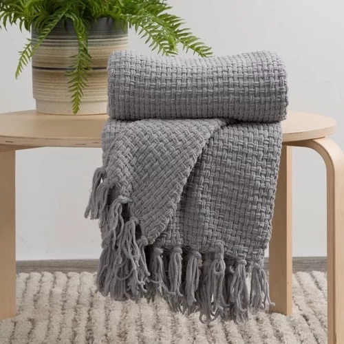Сузи Одеяло, шалте, плетено с ресни, европерде, сиво