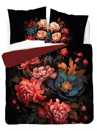 5116 Комплект спално бельо от памук Holland Detexpol, черен с мотив на божур – 100% памук, двустранен, полско производство