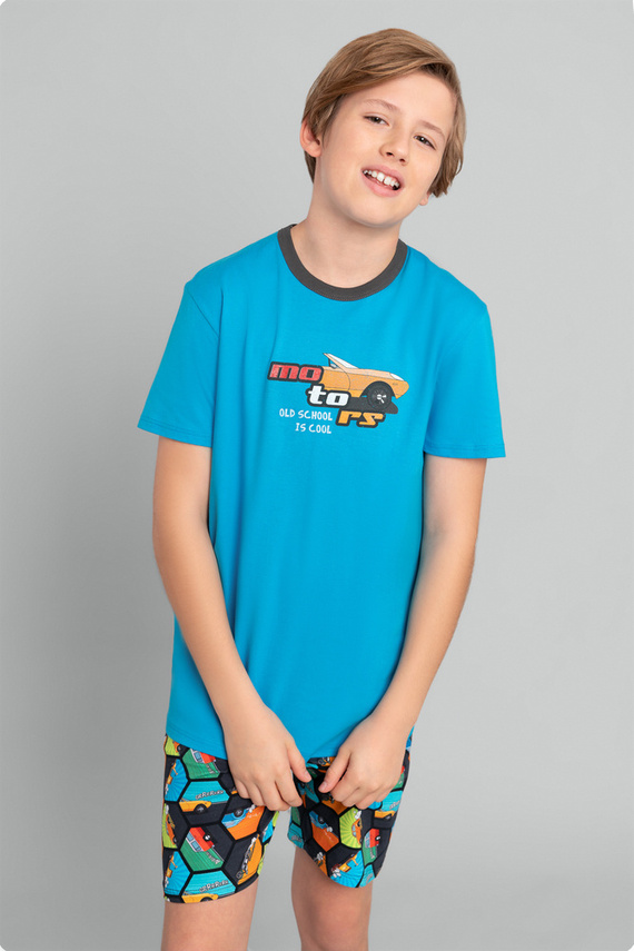 Пижама за момчета с къс ръкав Comic, панталон Италианска мода - тюркоаз/принт