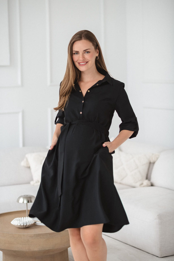 Тениска за бременни и кърмачки Milk&Love, черна | Модал, 3/4 ръкав, регулираща се талия