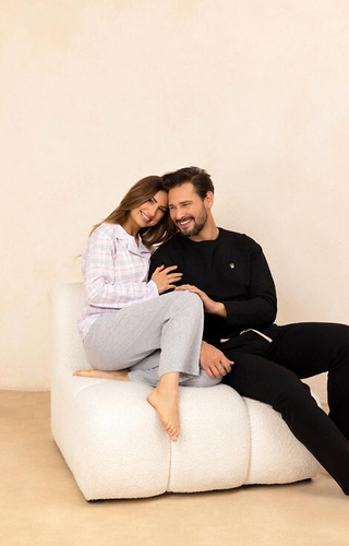 727 Дамска пижама Regina, сива - 100% памук, карирана, риза с копчета