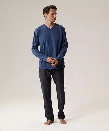 Мъжка пижама NMP-389 Atlantic – синя памучна, с дълъг ръкав, стилен комплект за студени нощи