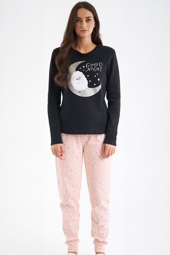 Черна дамска пижама Shearly Sorbetto - 100% памук, 3D апликация, панталон с маншети