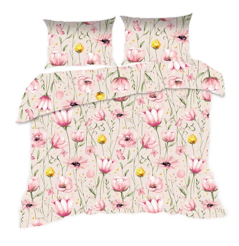 1744N Класически E24 Комплект спално бельо от памук с цветя Karo, прахово бежово – 100% памук, издръжлив, цветен, комплект от 2 части