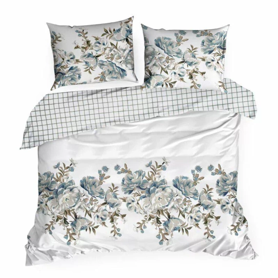 Пролет 40 Цветя спално бельо сатен евро пердета бяло/тюркоаз