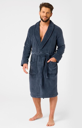 MGL 255 B25 Мъжки халат в тъмносин цвят - класически, мек, с връзване на талията