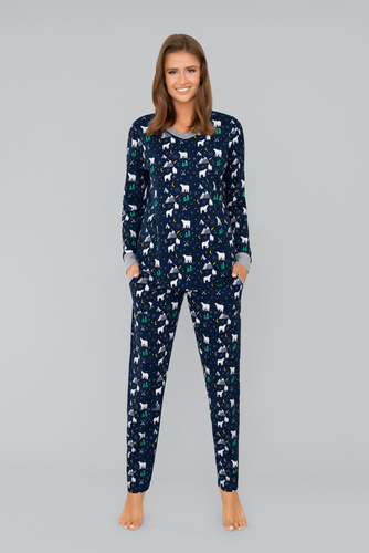 Ava Дамска пижама с дълъг ръкав и панталон Италианска мода - тъмносин принт 