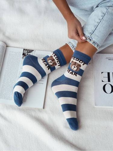 0200-146 Дамски чорапи Teddy Bear/Stripes Milena - дънки/екрю
