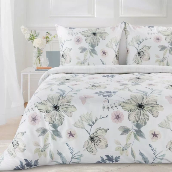 Пролет 37 Цветя спално бельо сатен евро пердета бяло/зелено