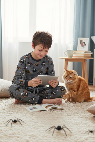 Пижами за момчета Cornette Bat 2 264/182, 263/182, сиви - памучни, с дълъг ръкав, с шарка на прилеп