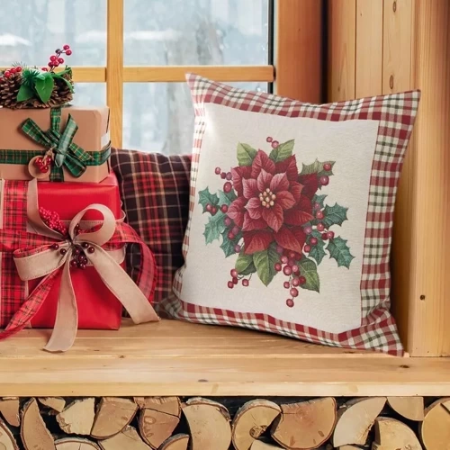 Chp 1273 Коледен гоблен калъфка цветя Европердета бежово