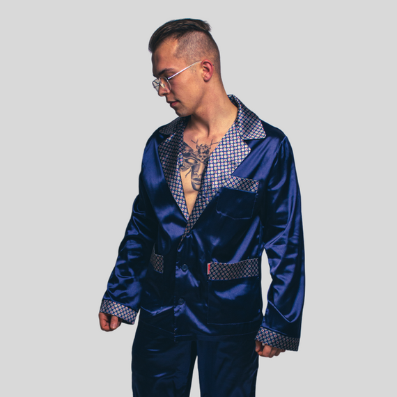 939 Мъжка сатенена пижама - тъмносиня 