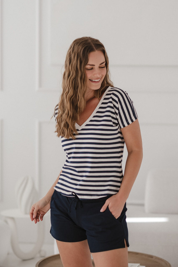 Two Ways двустранна блуза за бременни и кърмене | Къс ръкав, удобно Milk&Love морско синьо и бяло райе