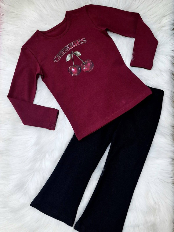 Памучна блуза за момиче в бордо цвят, с дълъг ръкав и щампа Cherries Bambarillo
