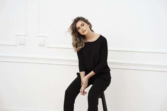 Стил Дамски комплект с 3/4 ръкав, дължина.италианска мода панталони черни