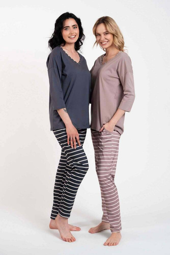 Betty Дамска пижама с 3/4 ръкав и дълъг панталон Италианска мода - капучино/принт капучино 