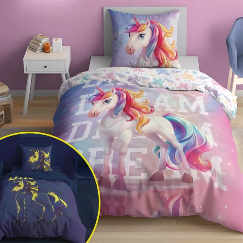 5208 A Fluo 40 Памучно спално бельо, светещо в тъмното Еднорог Detexpol