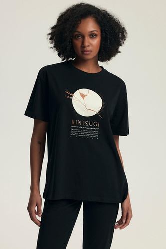 Дамски пижамен комплект 43728 Dairoku черен - памук, къс ръкав, капри панталон