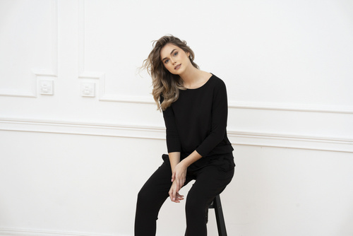 Стил Дамски комплект с 3/4 ръкав, дължина.италианска мода панталони черни