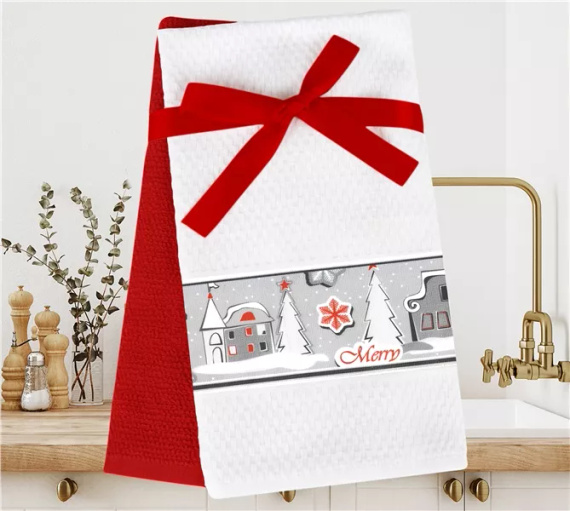 Коледа идва Комплект коледни кухненски кърпи 3D Greno бяло/червено