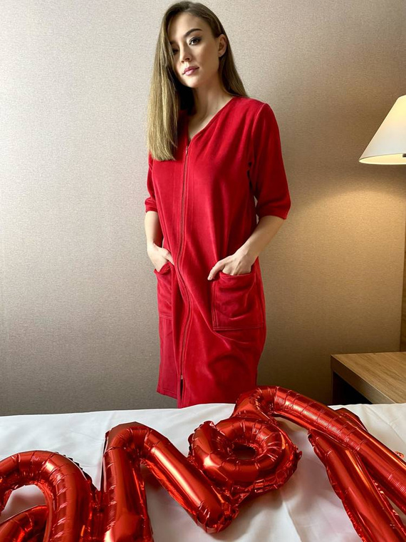 431 Дамски халат от велур Forex - червен