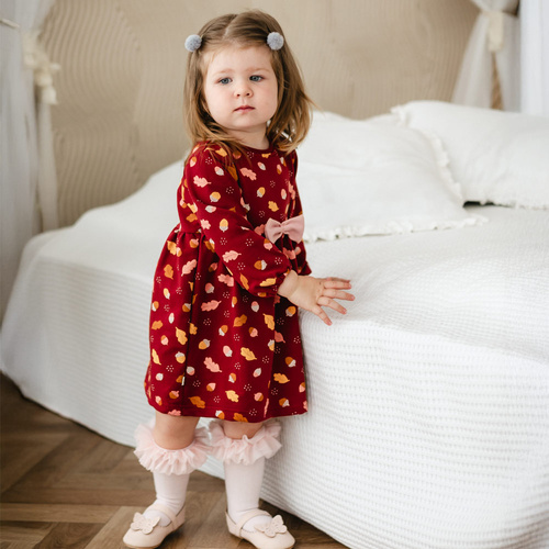 Бебешка рокля Fluffy Tails Eevi – бордо, памук, дълъг ръкав