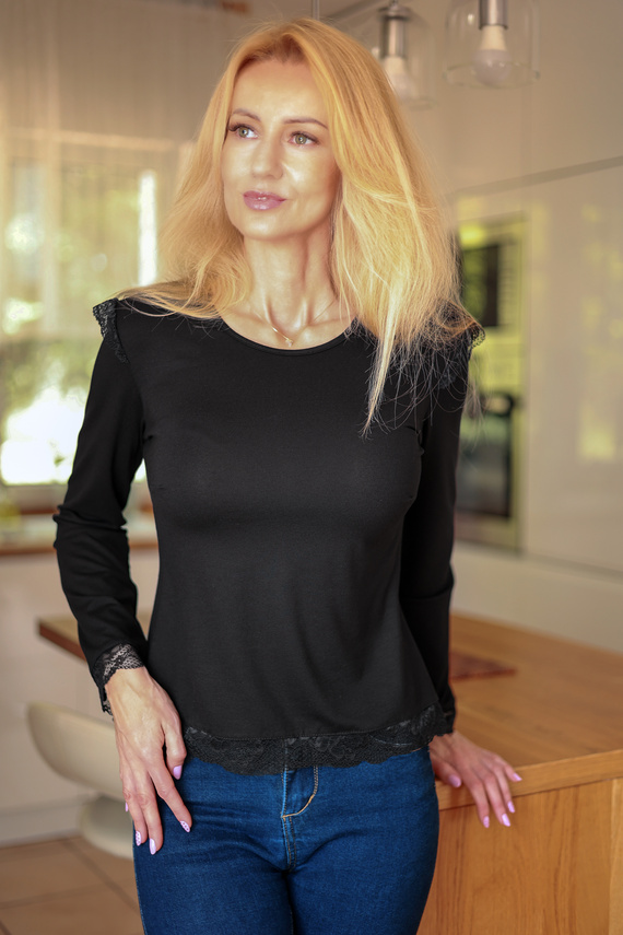 Mirale Ivy дамска вискозна блуза с дантела, елегантна, с дълъг ръкав - черна