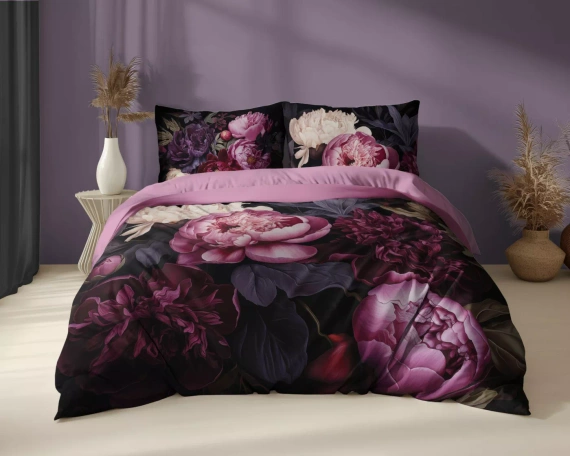 5129 Комплект спално бельо от памук Holland Detexpol, черен с божури в нюанси на бордо и розово – 100% памук, двустранен, полско производство
