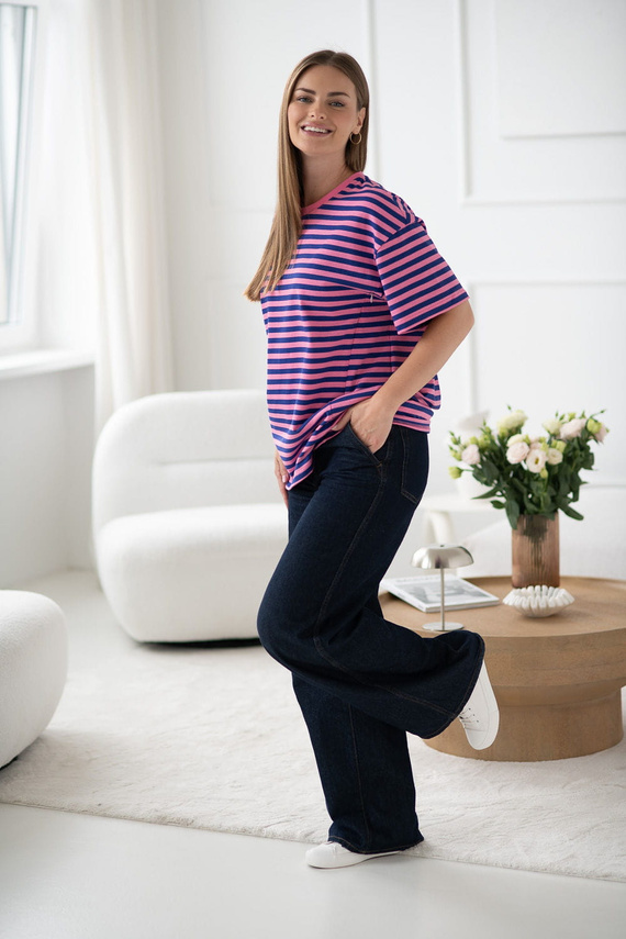 Тениска за бременни и кърмачки Mamahood Milk&Love на розово и синьо райе - удобна и стилна