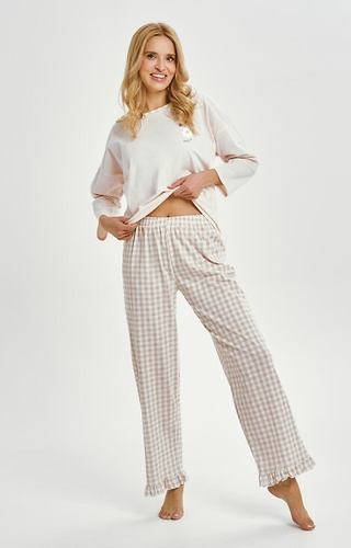 3438 Дамска бежова памучна пижама Vera Taro - дълги ръкави, кариран панталон с волани