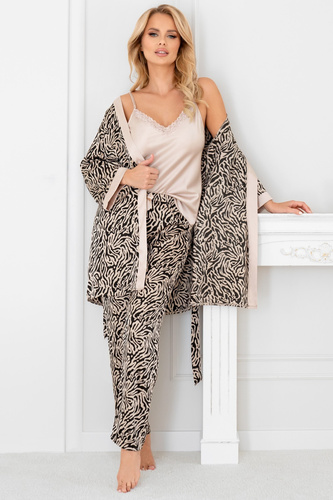 Бежов халат Sheila Donna - сатен, елегантен дамски халат с колан