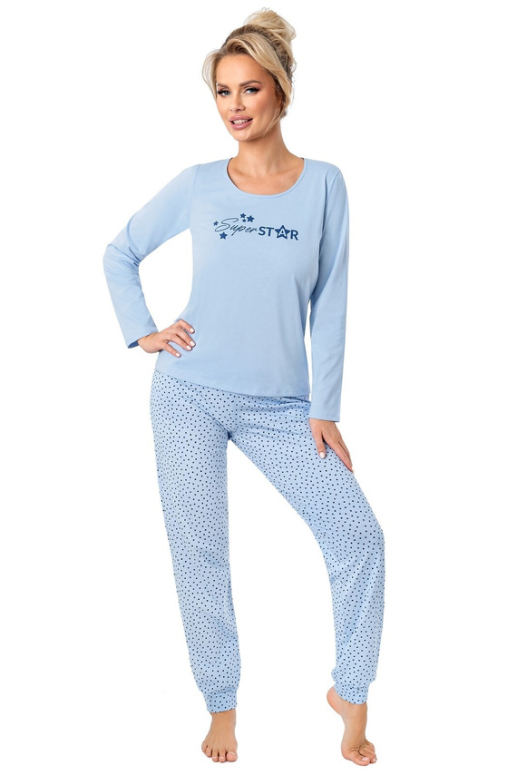 Дамска пижама Donna Star Long, синя - памучна, с дълъг ръкав, опакована в найлонов плик