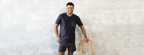 Diaz Мъжка пижама с къс ръкав, къси панталони Италианска мода - морско синьо/принт