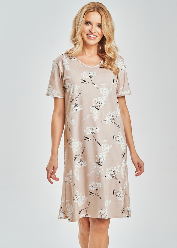 Дамска нощница 3538 Fiora Taro – 100% памук, растителен принт, до коляното | Лека лятна нощница