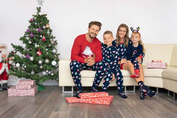 Мъжка пижама с дълъг ръкав и дълъг панталон Италианска мода - червено/принт морско синьо 