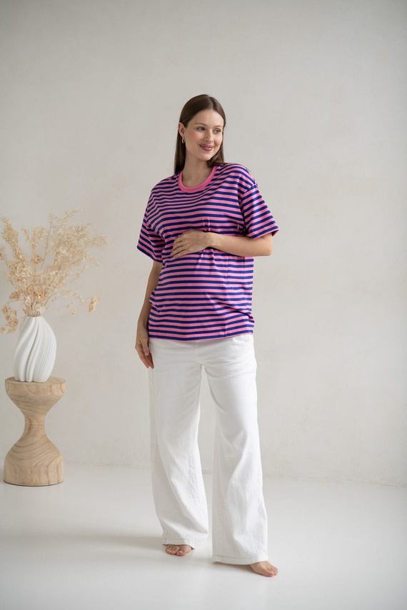 Тениска за бременни и кърмачки Mamahood Milk&Love на розово и синьо райе - удобна и стилна