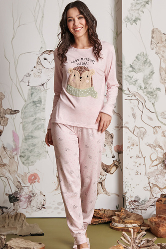 Antea Дамска пижама Sorbetto pink – дълга, розова, с 3D апликация, трико, памук