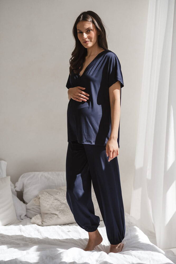 Moon bambusowa bluzka od piżamy ciążowej do karmienia krótki rękaw Milk&Love granatowy